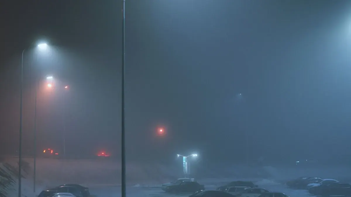 A snow-covered parking lot under a street lamp at night