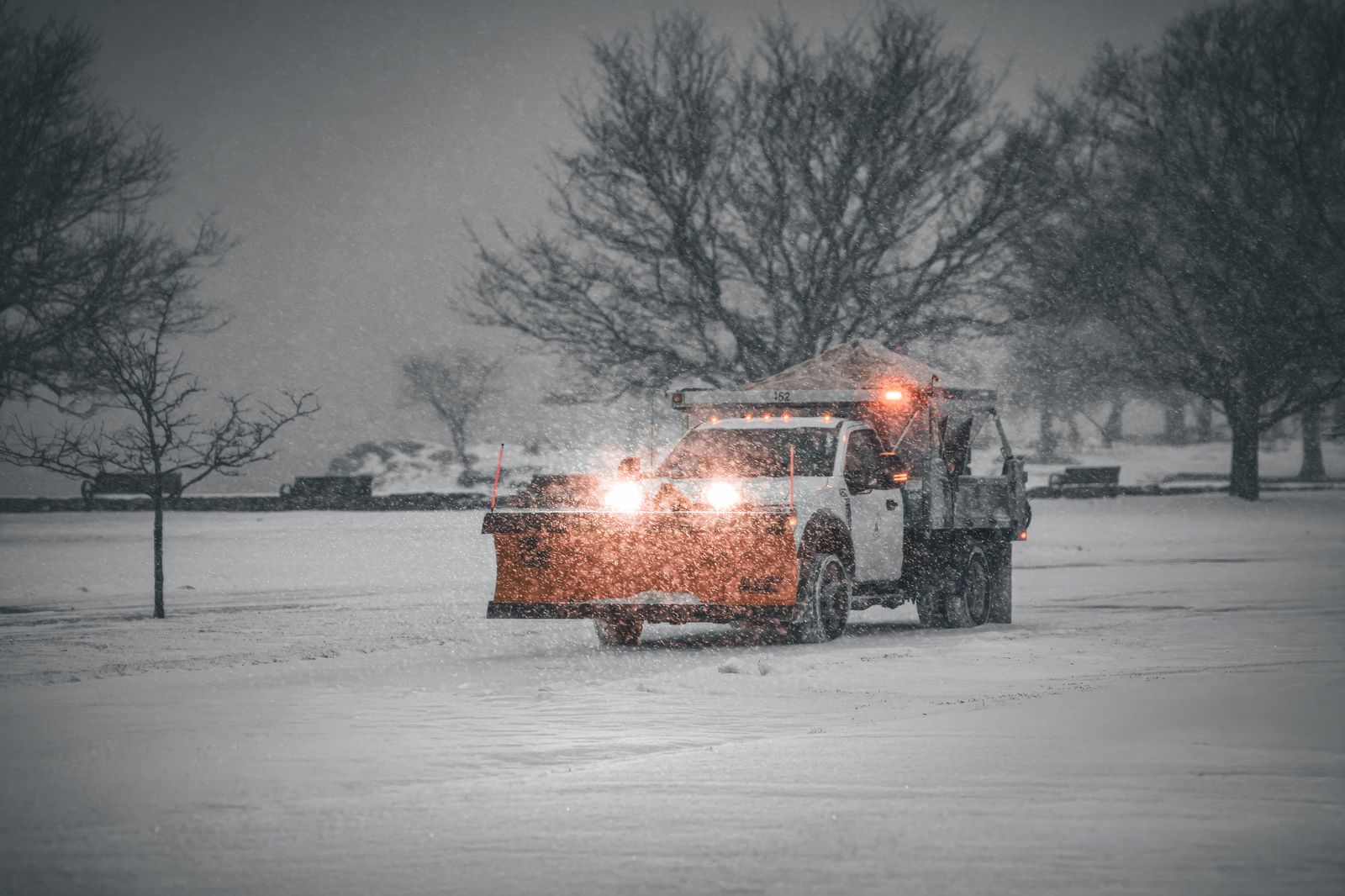 Plow truck clearing a residential street in Westfield Township, Ohio